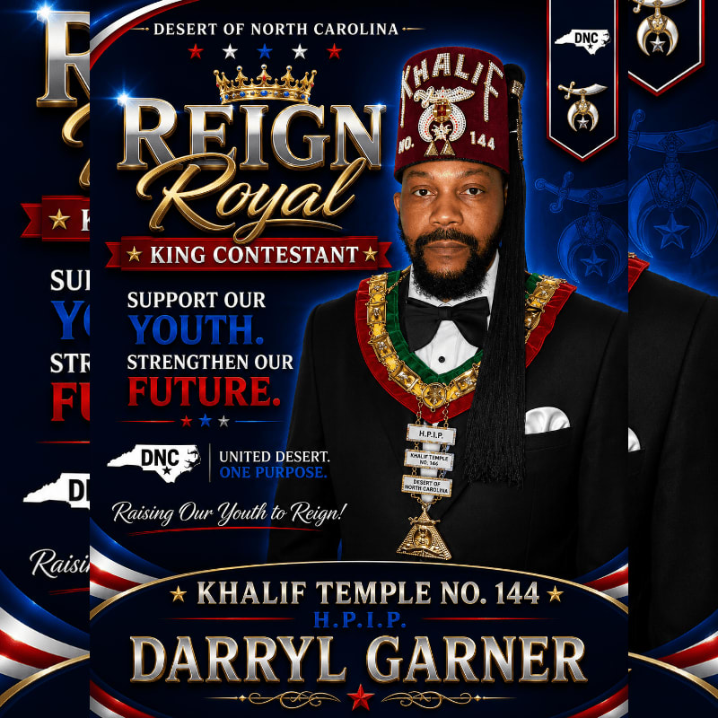 A royal crown and banners with the text "REIGN Royal COMPETITION" are displayed prominently in the foreground, set against a patriotic blue and red background with stars and the words "DESERT OF NORTH CAROLINA" at the top.