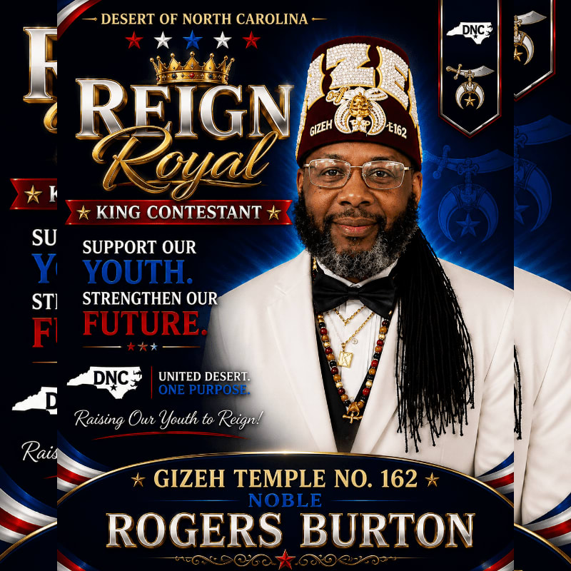 A royal crown and banners with the text "REIGN Royal COMPETITION" are displayed prominently in the foreground, set against a patriotic blue and red background with stars and the words "DESERT OF NORTH CAROLINA" at the top.