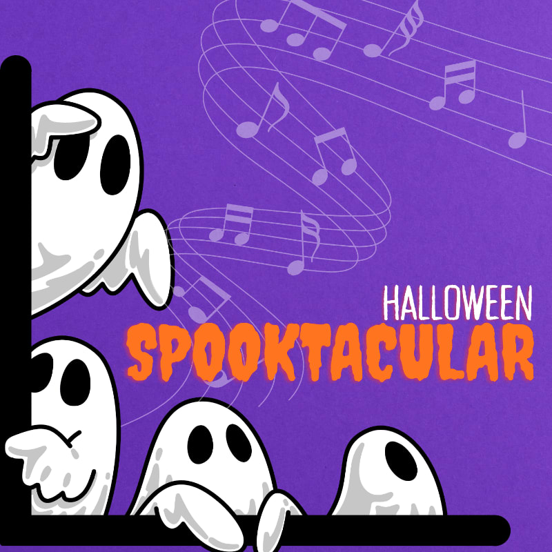 Four cartoon ghosts peek from behind a black frame in the foreground, against a purple background with musical notes and the words "HALLOWEEN SPOOKTACULAR."