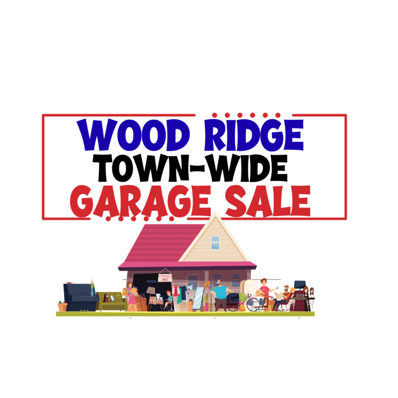 A house with a garage sale in the foreground is set against a white background with a red and blue banner proclaiming "WOOD RIDGE TOWN-WIDE GARAGE SALE" above it.