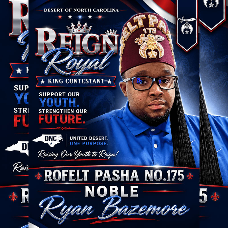 A royal crown and banners with the text "REIGN Royal COMPETITION" are displayed prominently in the foreground, set against a patriotic blue and red background with stars and the words "DESERT OF NORTH CAROLINA" at the top.