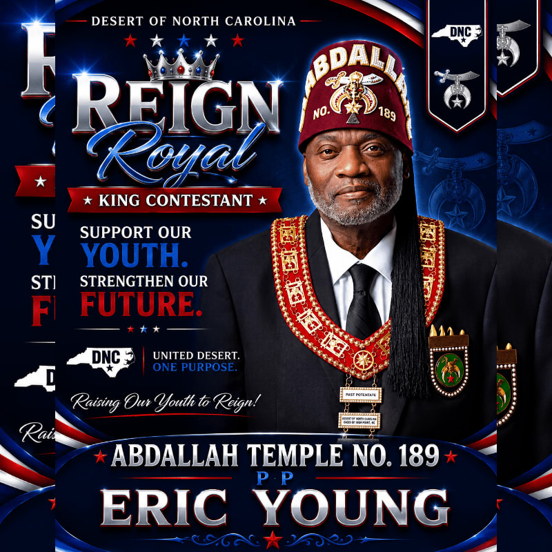 A royal crown and banners with the text "REIGN Royal COMPETITION" are displayed prominently in the foreground, set against a patriotic blue and red background with stars and the words "DESERT OF NORTH CAROLINA" at the top.