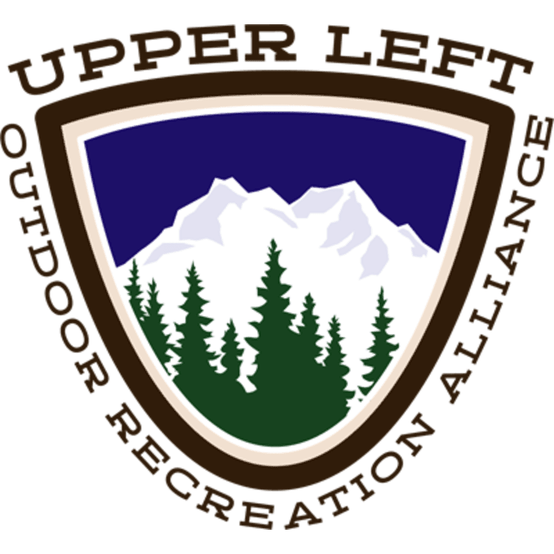 A shield-shaped logo features a mountain range and pine trees in the background, with the words "UPPER LEFT OUTDOOR RECREATION ALLIANCE" encircling the emblem.