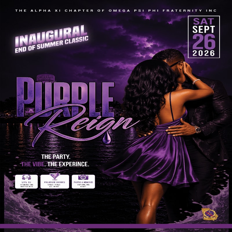 A couple embraces in the foreground against a dark, cloudy sky with the event title "Purple Reign" prominently displayed.
