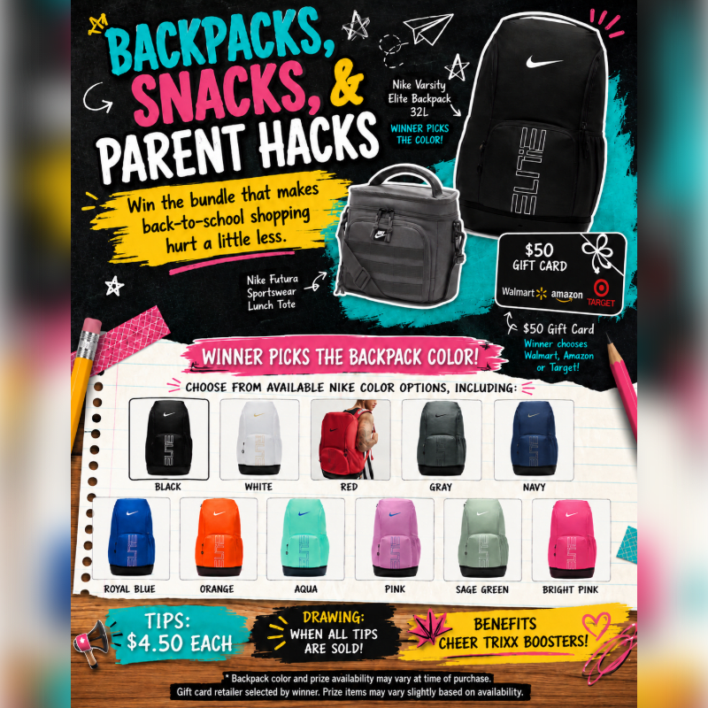 A colorful flyer advertises a back-to-school bundle featuring a Nike backpack and lunch tote, with a selection of backpack colors displayed in the foreground against a background of school-themed graphics.