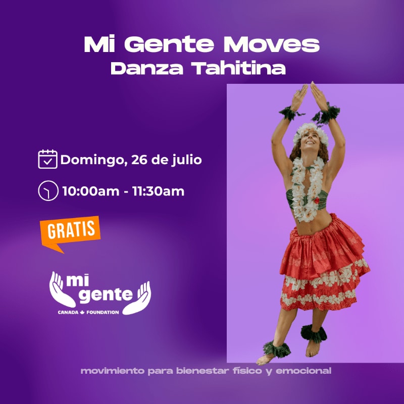 A woman in traditional Tahitian attire dances in the foreground against a purple background with event details on the left.