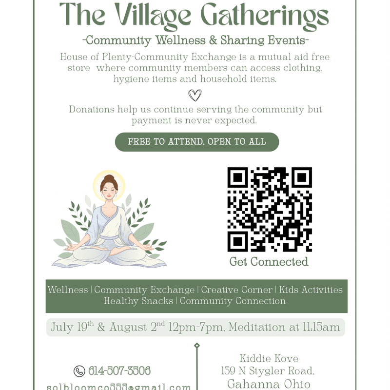 A flyer for "The Village Gatherings" community events features a serene illustration of a meditating woman in the foreground and a QR code for "Get Connected" in the background.