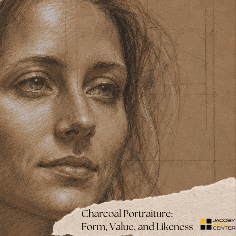 A detailed charcoal portrait of a woman's face fills the foreground, with a textured brown background and a torn paper overlay at the bottom featuring text and a logo.