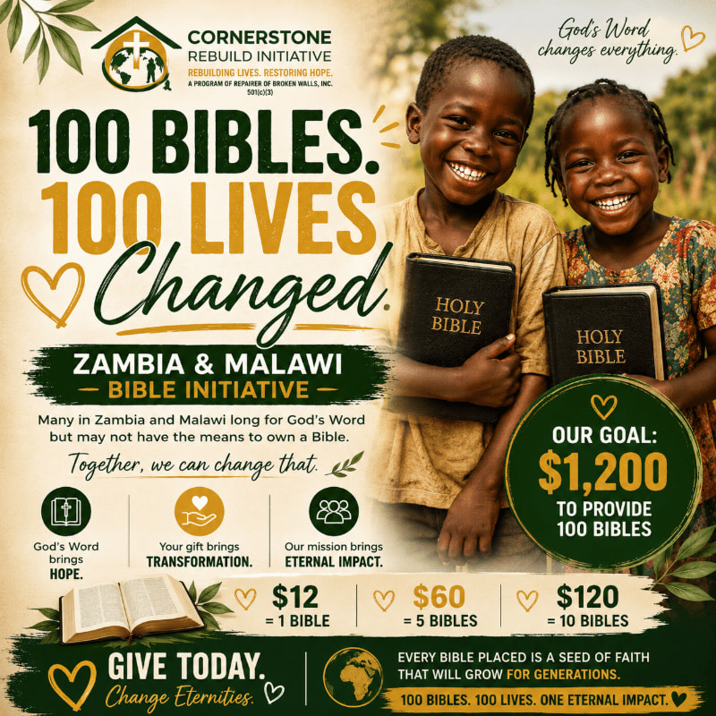 Two smiling children in the foreground hold Bibles, while the background features text about a Bible initiative in Zambia and Malawi.