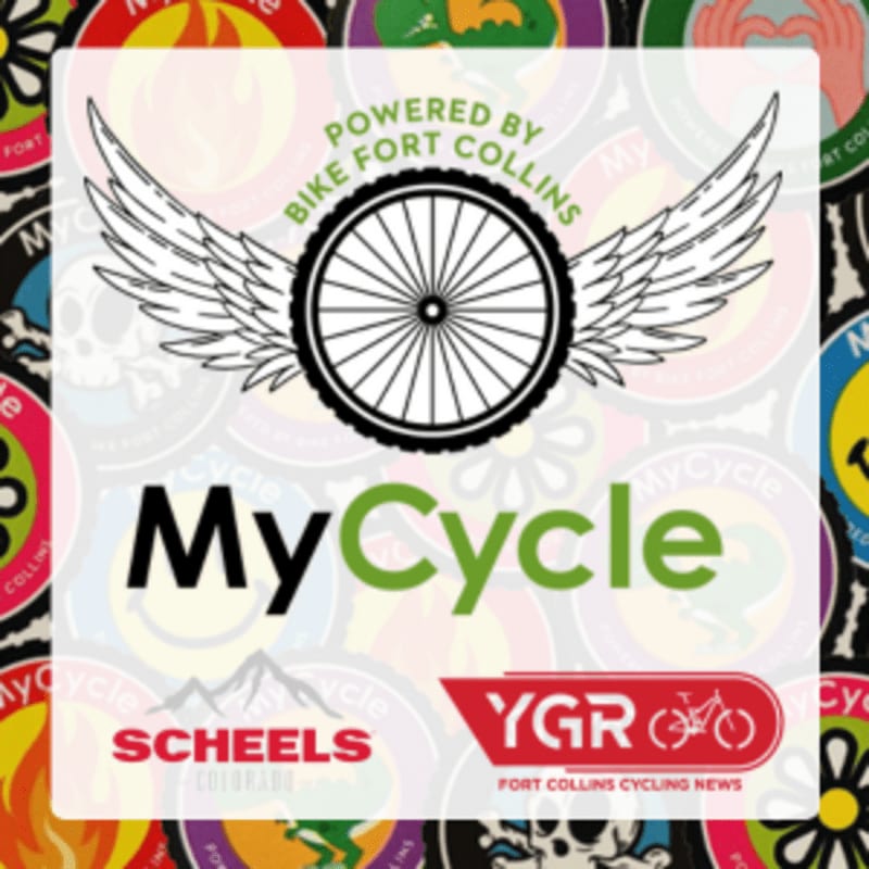 A white square with a bicycle wheel and wings logo, the text "MyCycle," and sponsor logos is overlaid on a background of colorful cycling-themed stickers.
