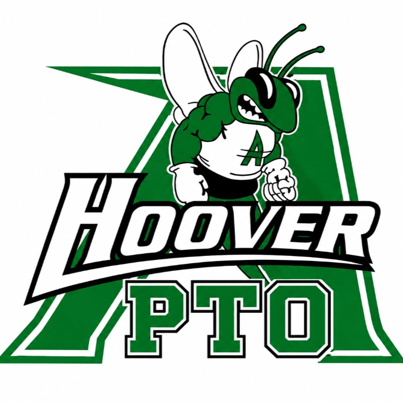 A cartoon hornet with "Hoover PTO" written below it is superimposed on a large green letter "A".