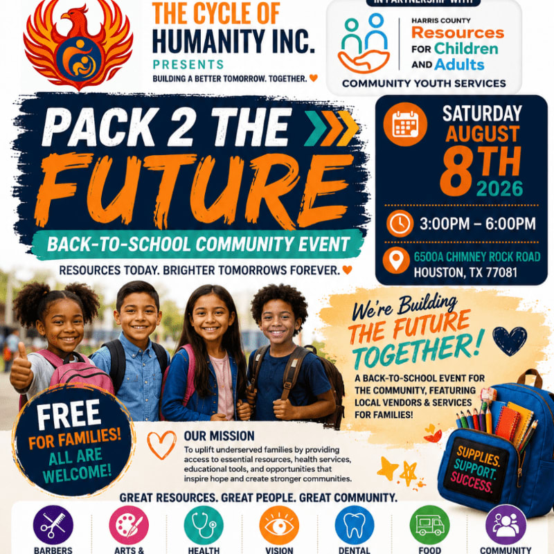 In the foreground, four smiling children with backpacks are featured, while the background displays event details for a "Pack 2 The Future" back-to-school community event.