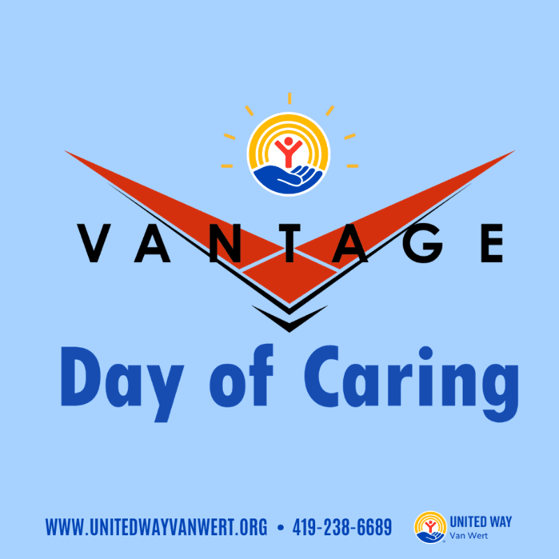 A blue background frames the "VANTAGE Day of Caring" logo with the United Way symbol above, and website and phone number below.