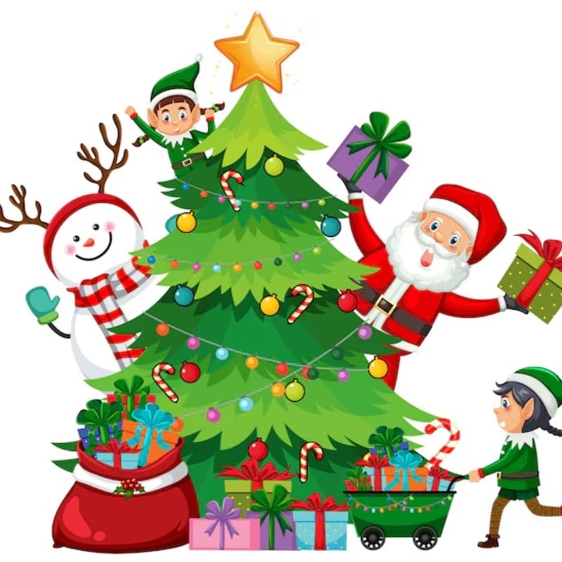 Santa Claus, a snowman, and elves surround a decorated Christmas tree with presents in the foreground and a white background.