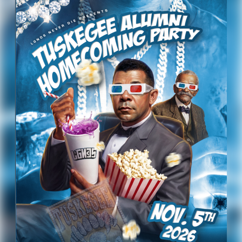 A man in 3D glasses holds a purple drink and popcorn in the foreground, while another man in similar glasses sits behind him, with the "Tuskegee Alumni Homecoming Party" title and event details in the background.