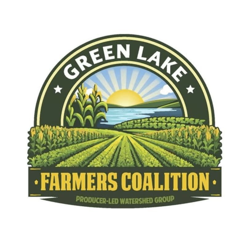 Rows of green crops stretch towards a sunlit lake and rolling hills, all framed by a circular logo for "Green Lake Farmers Coalition."