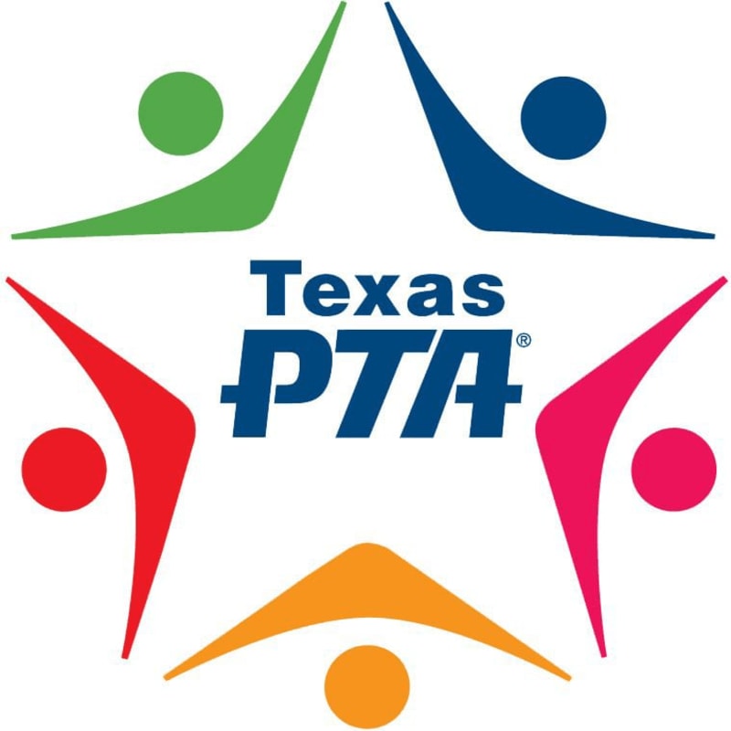Five colorful abstract figures form a star around the "Texas PTA" logo.