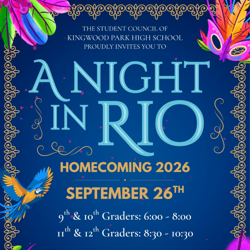 A vibrant poster for "A Night in Rio" homecoming at Kingwood Park High School features colorful carnival masks and a macaw in the foreground against a dark blue, ornate background.