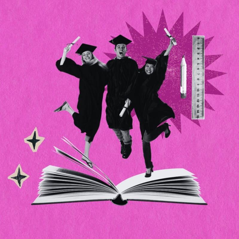 Three jubilant graduates in caps and gowns leap from an open book against a vibrant pink background adorned with school supplies and starbursts.