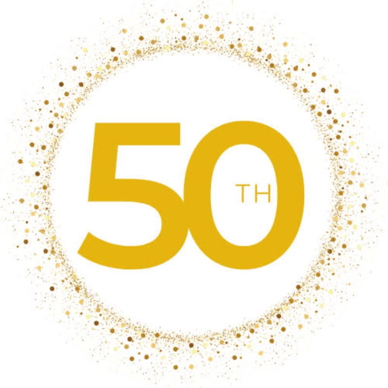A large golden "50" with "TH" inside the zero is surrounded by a circular frame of golden confetti against a white background.