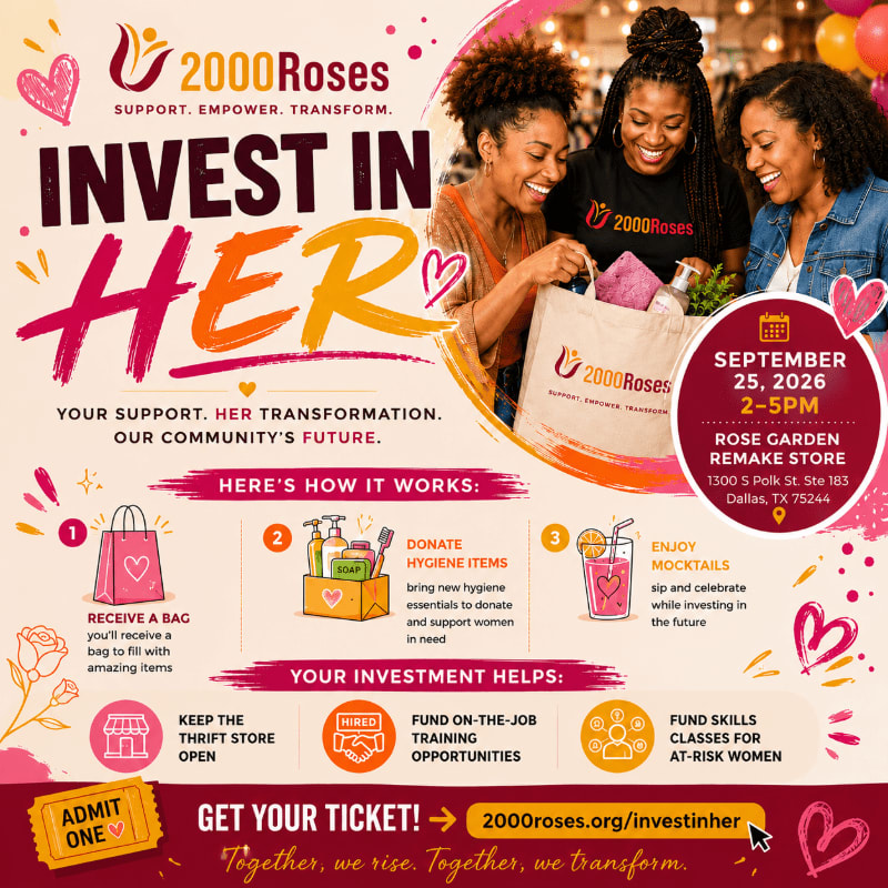 Three smiling women are featured in the foreground holding a shopping bag, while the background displays event details and promotional graphics for "Invest in Her."