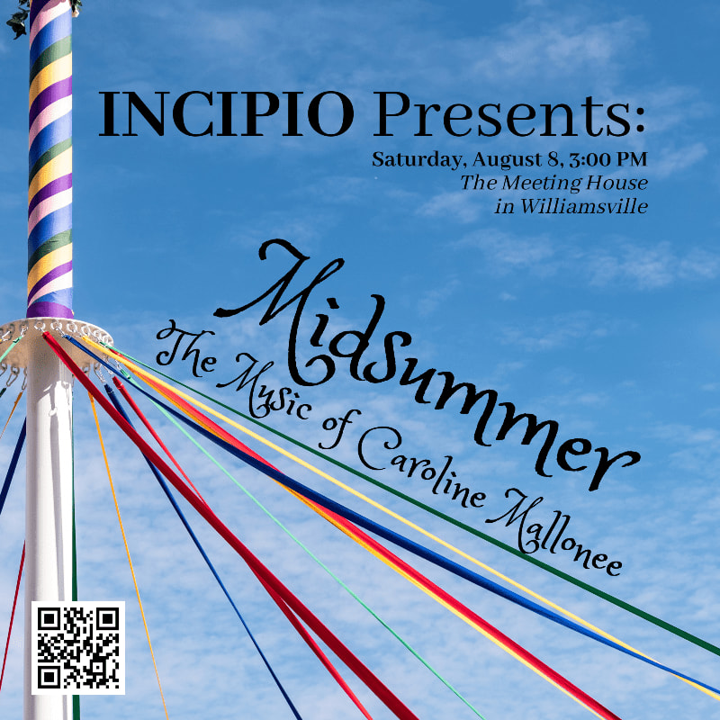 A colorful maypole with ribbons dances against a bright blue sky with scattered clouds, advertising "Midsummer: The Music of Caroline Mallonee" presented by INCIPIO.