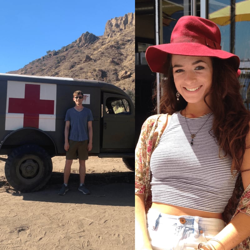 A young man stands in front of a vintage ambulance with a red cross in a desert landscape, while a smiling young woman in a red hat is in the foreground of an outdoor setting.