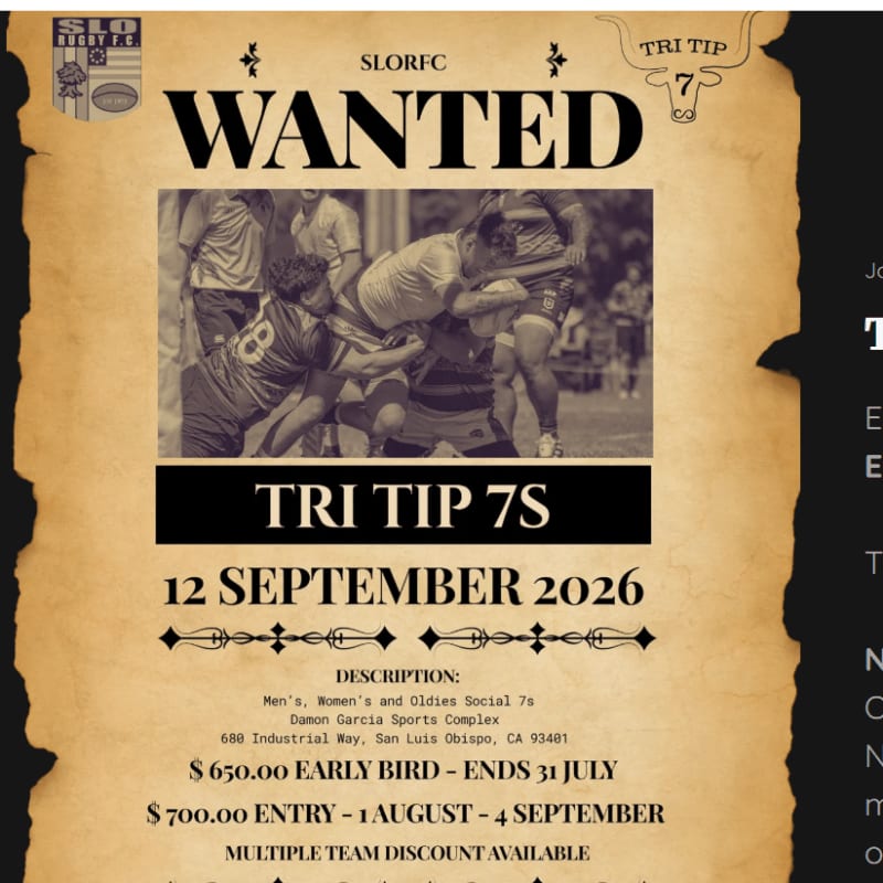 A wanted poster for a rugby tournament is displayed with a photo of players in the foreground and event details in the background.