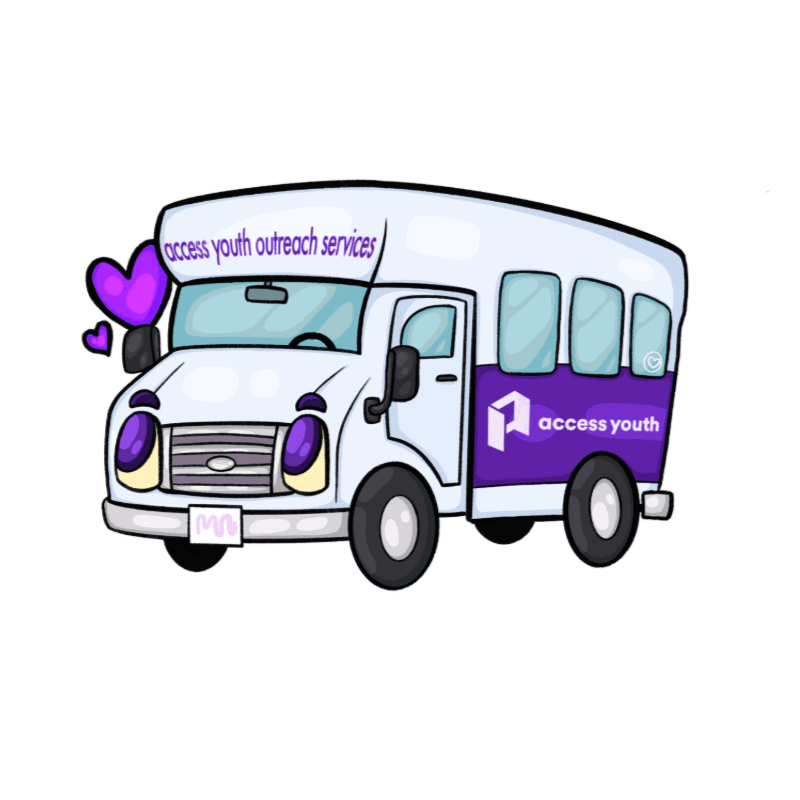 A cartoon bus with purple accents and "access youth" branding is shown against a plain white background, with two purple hearts floating near its front.