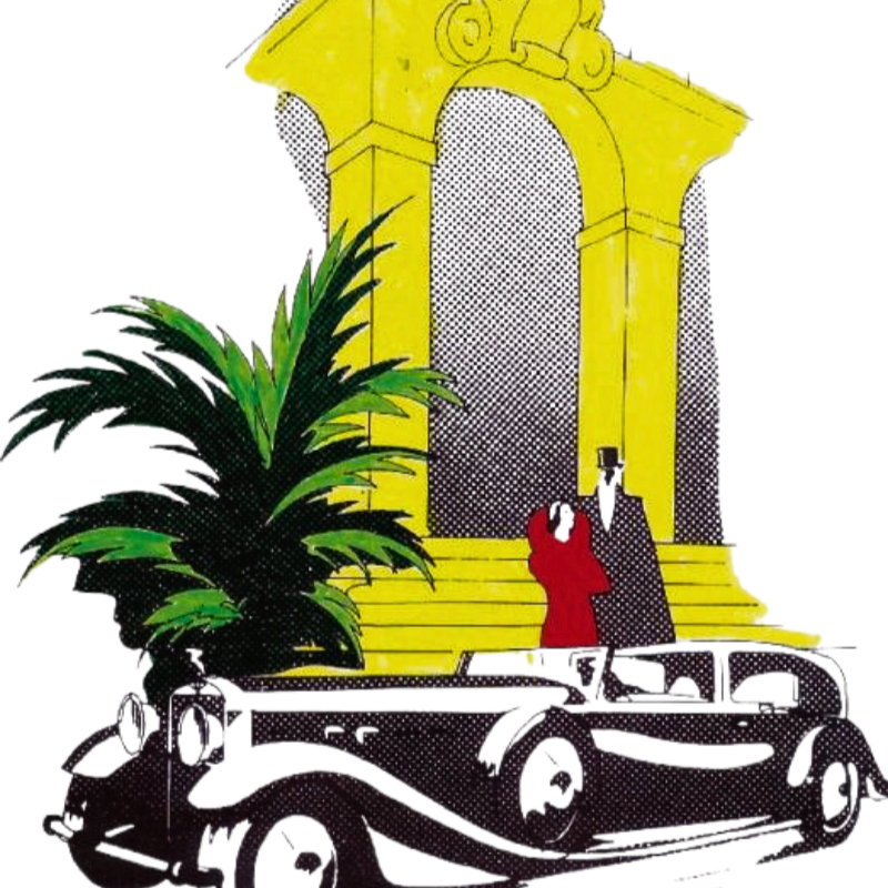A vintage car with two figures stands before a grand yellow archway, partially obscured by lush green foliage.