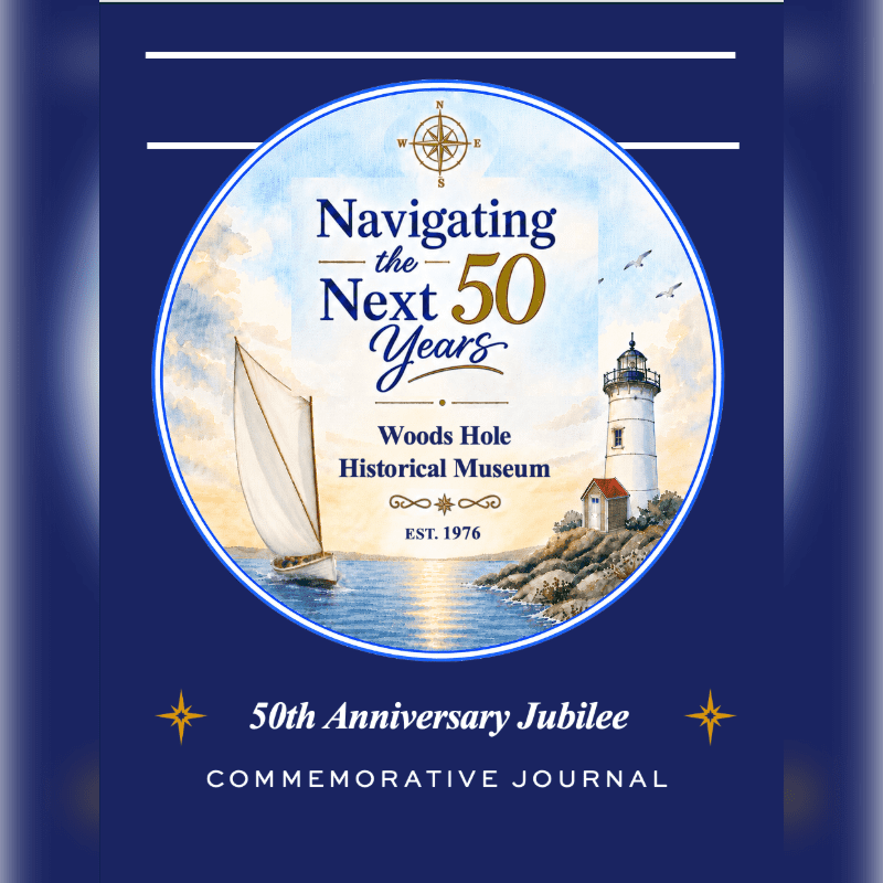 A sailboat glides on calm water in front of a lighthouse on a rocky shore, all within a circular emblem on a dark blue background that also features text announcing a "50th Anniversary Jubilee Commemorative Journal."