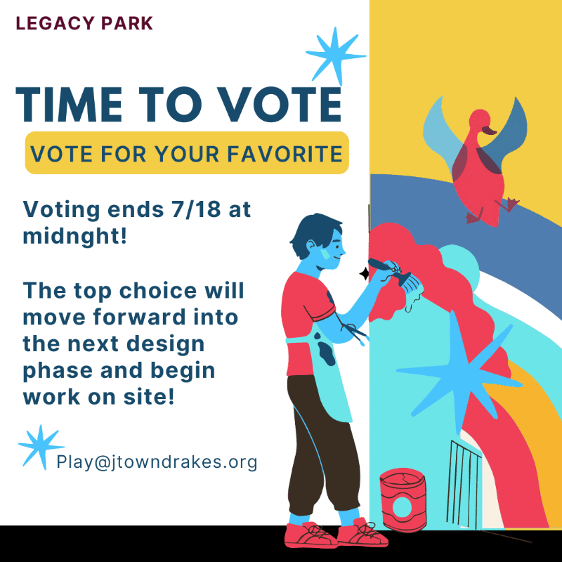 A young man in an apron paints a colorful mural of a bird and abstract shapes, with text about voting for Legacy Park designs in the foreground.
