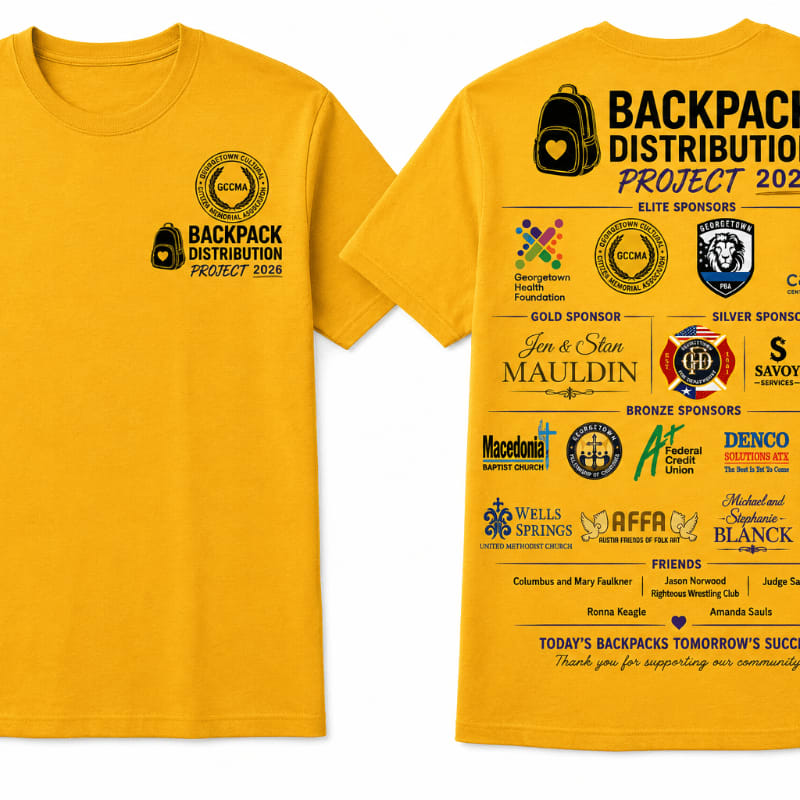 A yellow t-shirt with a backpack logo and sponsor logos for a backpack distribution project is displayed against a white background.