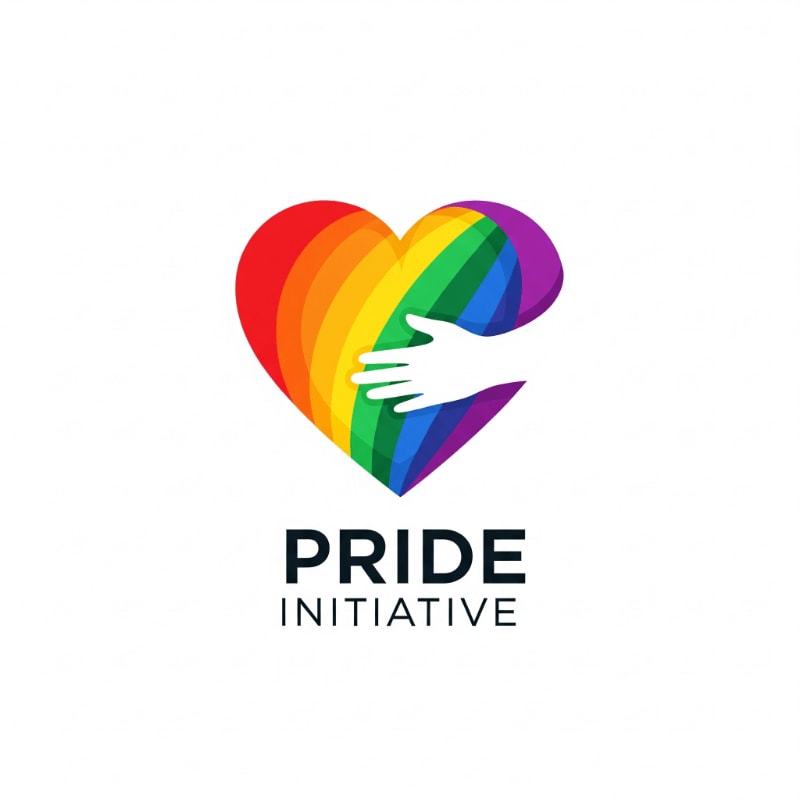 A rainbow-colored heart with a hand embracing it is centered on a white background, with the words "PRIDE INITIATIVE" below.