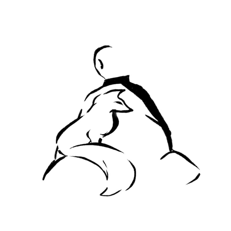 A minimalist black and white sketch features a person's silhouette in the background with a fox resting on their lap in the foreground.