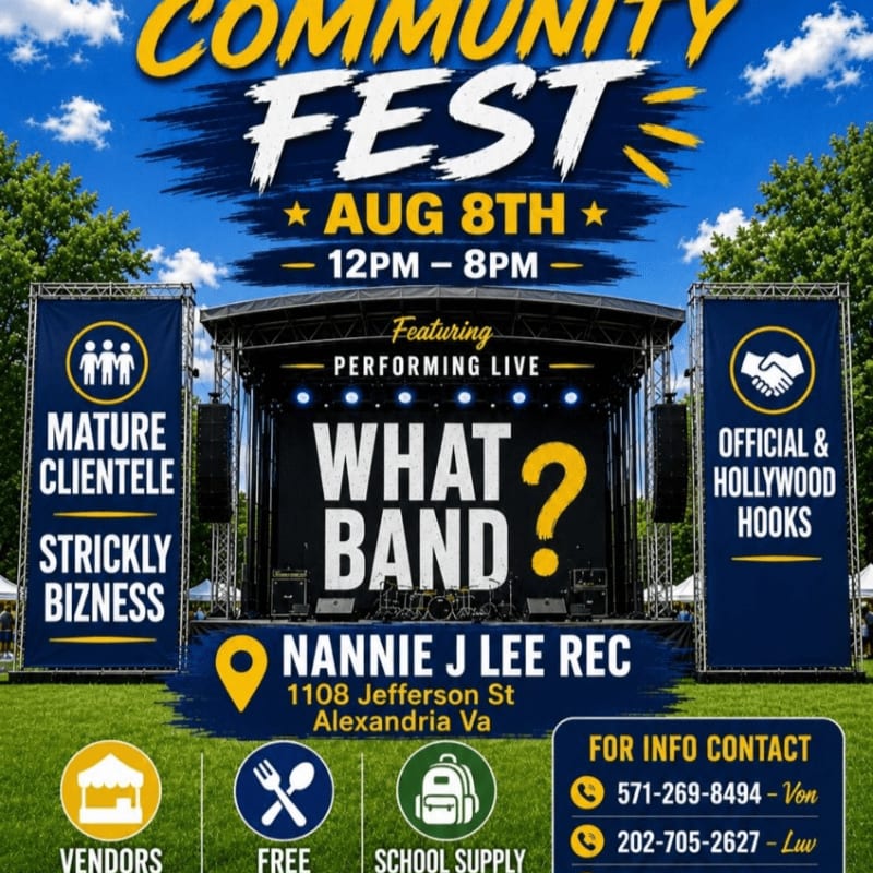 A vibrant "Community Fest" poster advertises a live band performance at Nannie J Lee Rec on August 8th, with banners on either side detailing "Mature Clientele" and "Official & Hollywood Hooks," all set against a backdrop of trees and a blue, cloudy sky.