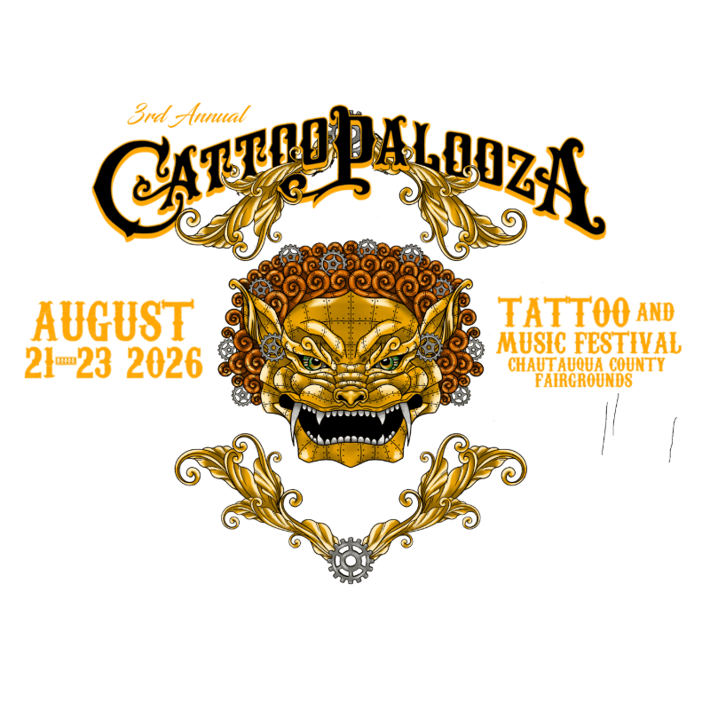 A golden, ornate mask with gears and floral elements is centered on a white background, with "3rd Annual Tattoo Palooza" text above and event details below.