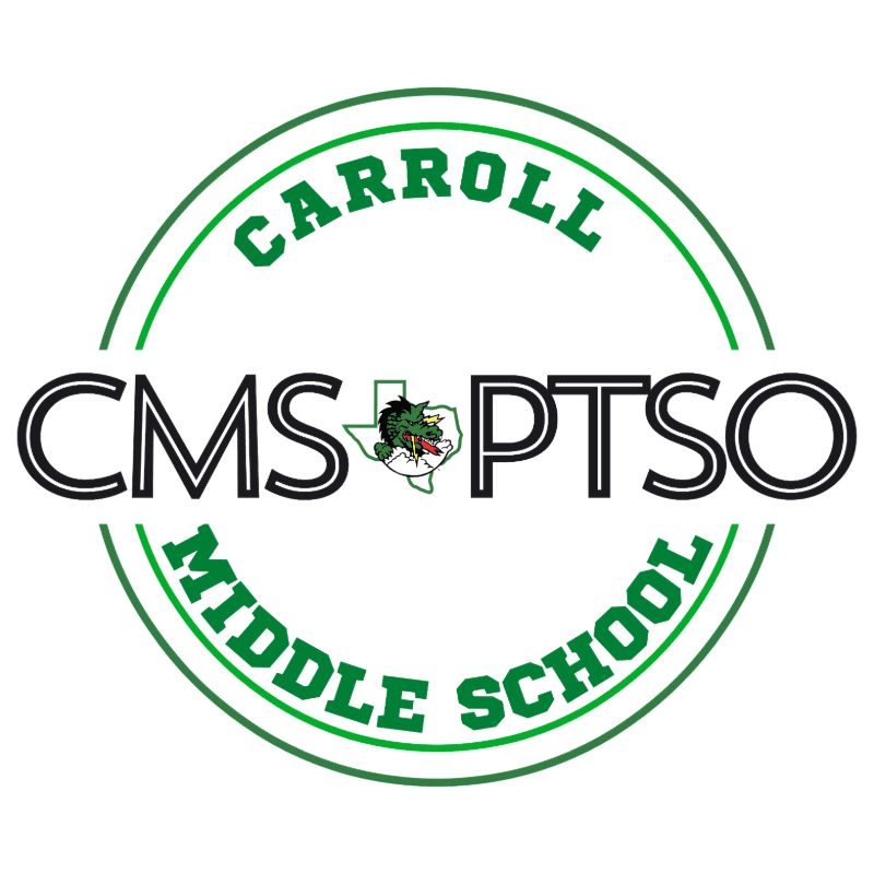 A green and white circular logo with "CARROLL MIDDLE SCHOOL CMS PTSO" written around it, featuring a Texas outline with a green alligator inside, is set against a white background.