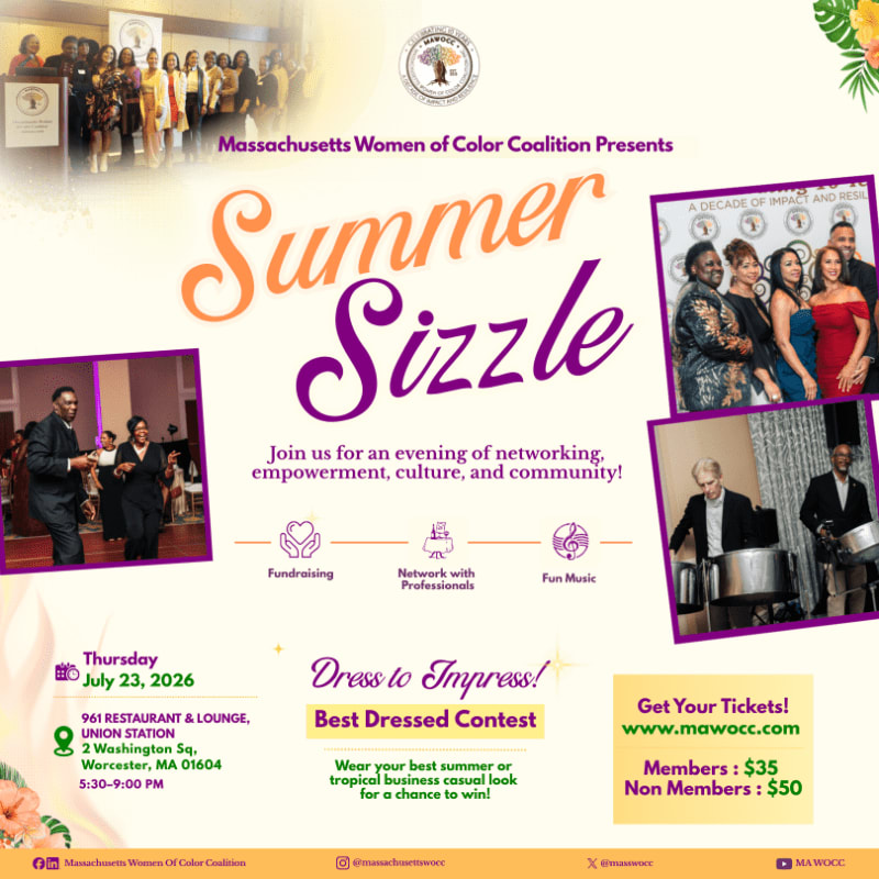 A flyer for the "Summer Sizzle" event by the Massachusetts Women of Color Coalition features a group of women in the background and a collage of event photos in the foreground.