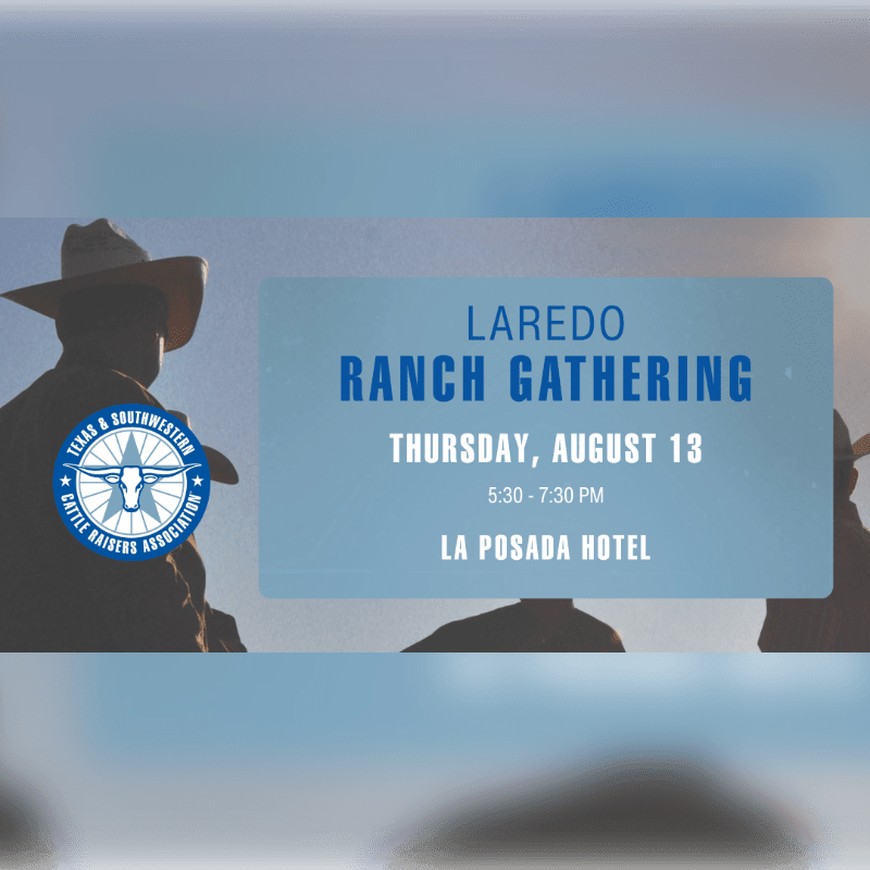 Silhouetted figures in cowboy hats stand against a hazy sky, with a blue overlay announcing the Laredo Ranch Gathering.
