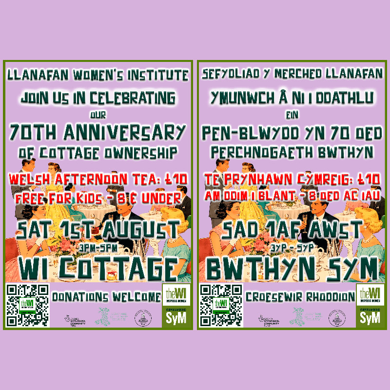 Two posters advertise a 70th-anniversary celebration for the Llanfan Women's Institute, featuring a Welsh afternoon tea with a background illustration of people enjoying themselves at tables.