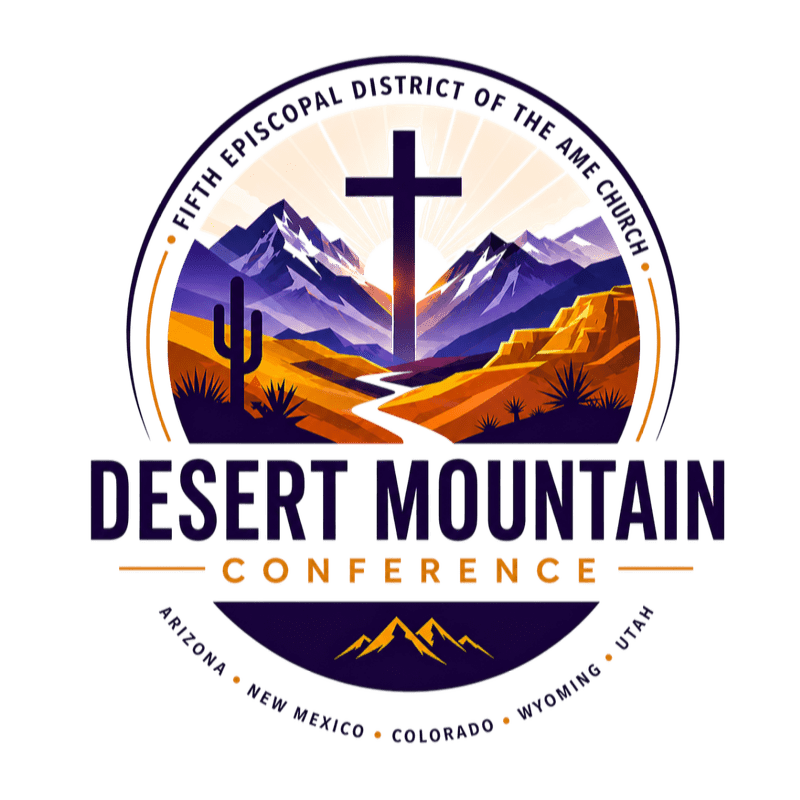 A stylized desert landscape with mountains, a cactus, and a cross in the background is featured in this logo for the Desert Mountain Conference of the Fifth Episcopal District of the AME Church.