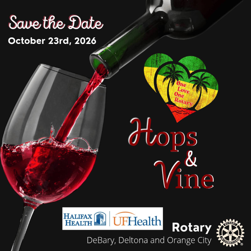 Red wine pours into a glass in the foreground, while the background features event details and a heart-shaped logo with palm trees.