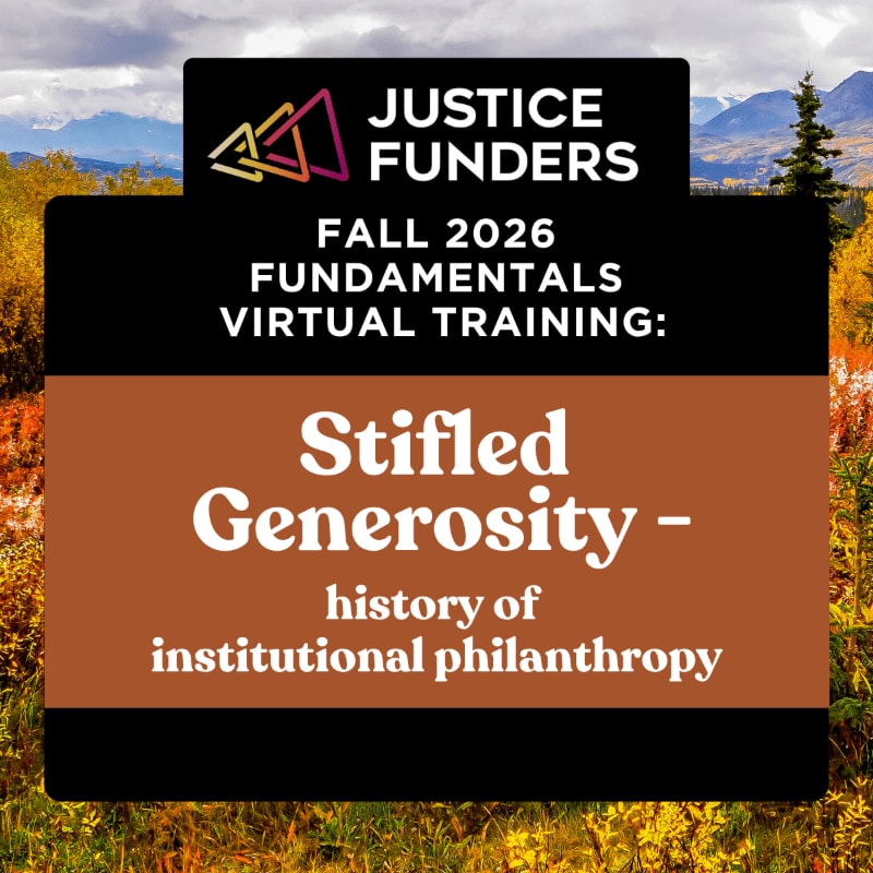 A vibrant autumn forest with mountains in the background frames a black and brown overlay advertising a virtual training on "Stifled Generosity."