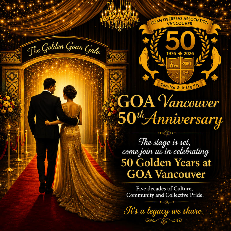 A couple in formal attire walks down a red carpet towards a grand archway adorned with lights and flowers, while the background features a banner celebrating the 50th anniversary of the Goan Overseas Association Vancouver.