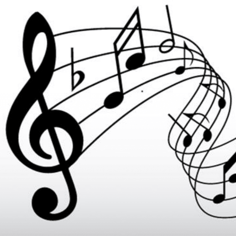 A treble clef and musical notes flow across a white background.