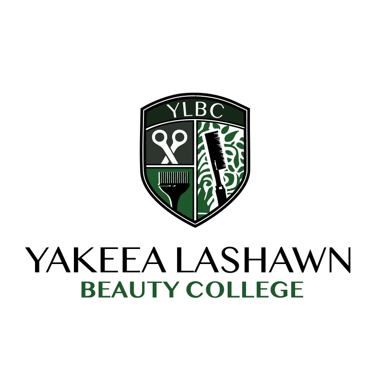 A green and white crest with salon tools and foliage sits above the text "YAKEEA LASHOWN BEAUTY COLLEGE" on a white background.