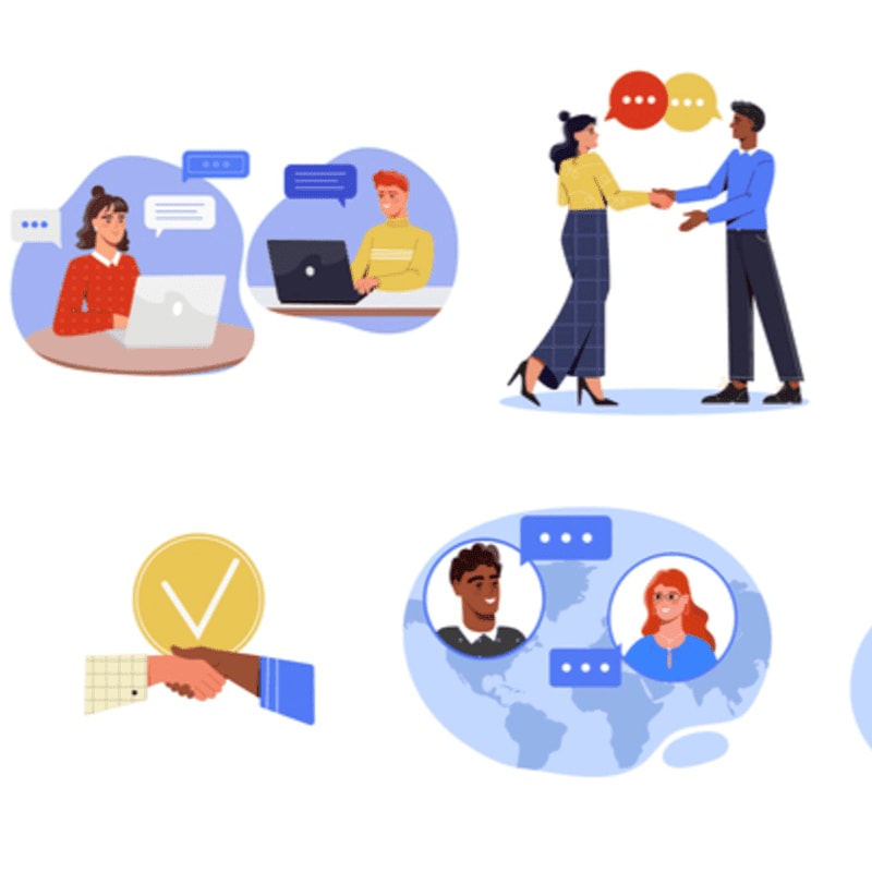In the foreground, people are shown shaking hands and communicating via speech bubbles, while the background features a world map and laptops.