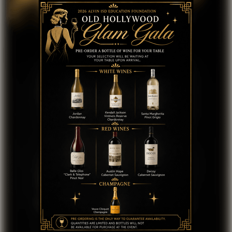 A vintage-style poster for an "Old Hollywood Glam Gala" features a silhouette of a woman in a glamorous dress holding a wine glass in the upper left, with a selection of white, red, and champagne bottles displayed in the center against a black background.