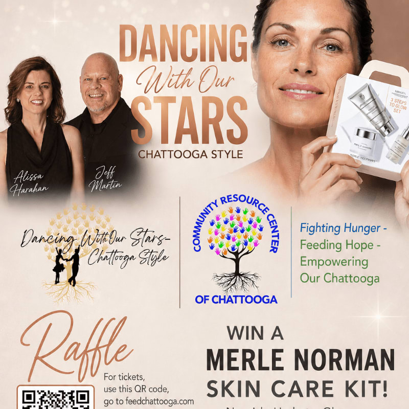 A woman holds a Merle Norman skincare kit in the foreground, while a graphic promoting "Dancing With Our Stars - Chattooga Style" with images of Alissa Harakan and Jeff Martin fills the background.